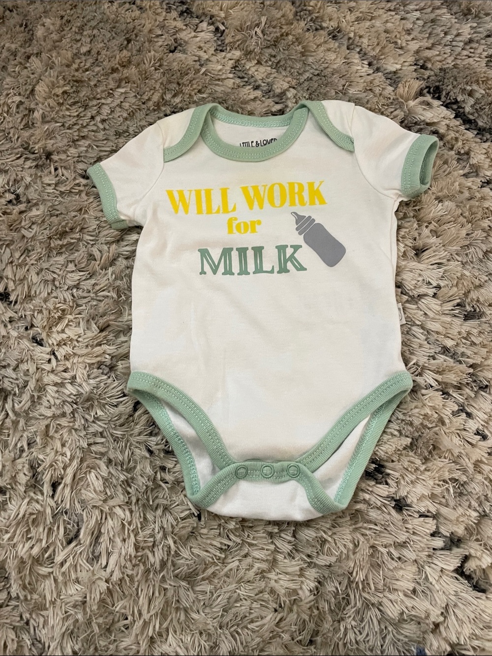 Will Work for Milk White Baby Bodysuit with Mint Trim by